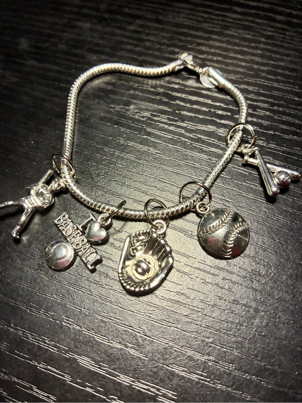 Kids Silver Baseball Charm Bracelet - Baseball Theme